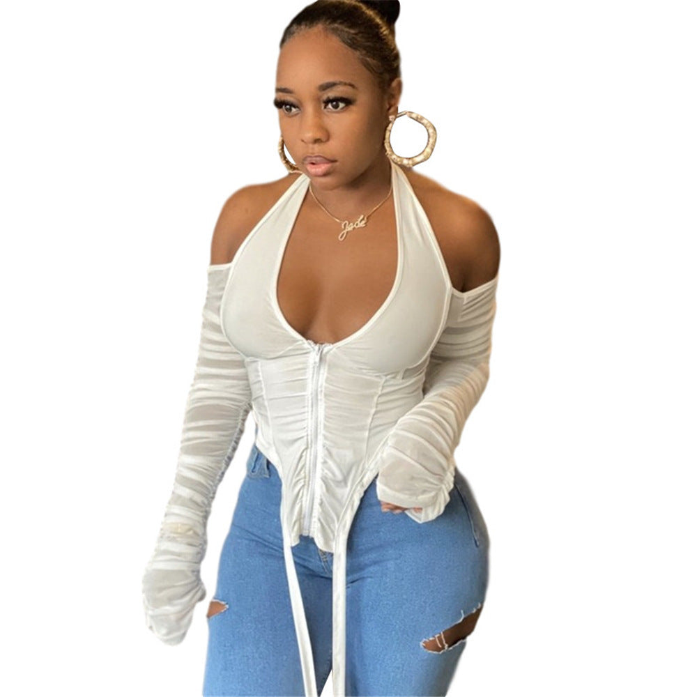New V-neck Strapless Lace up Mesh See through Long Sleeved Top