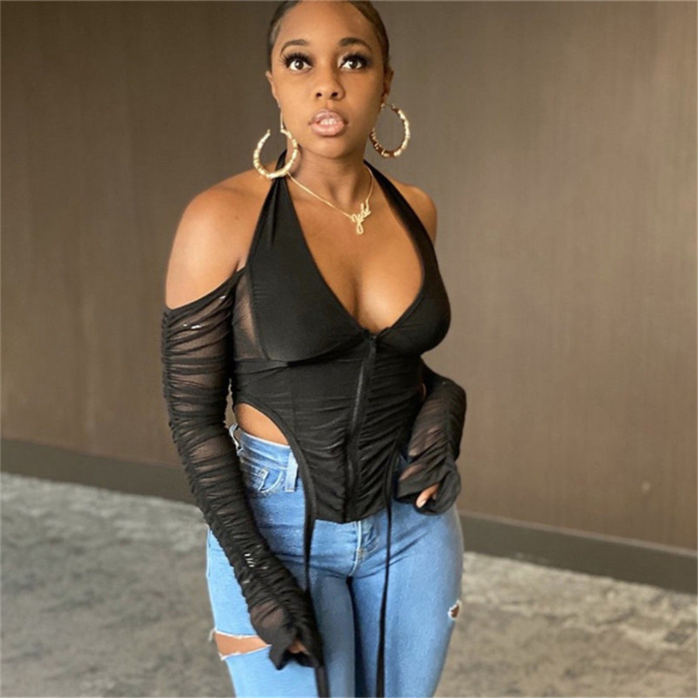 New V-neck Strapless Lace up Mesh See through Long Sleeved Top
