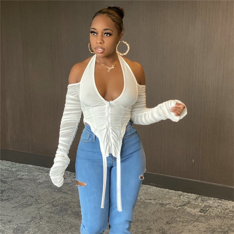 New V-neck Strapless Lace up Mesh See through Long Sleeved Top