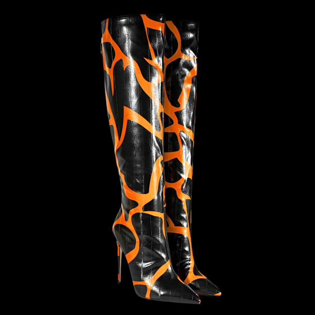Fashion Print European and American Large Size Boots For Women 12CM High Heels Sexy Pointed Knee-High Boots Spring Autumn Shoes