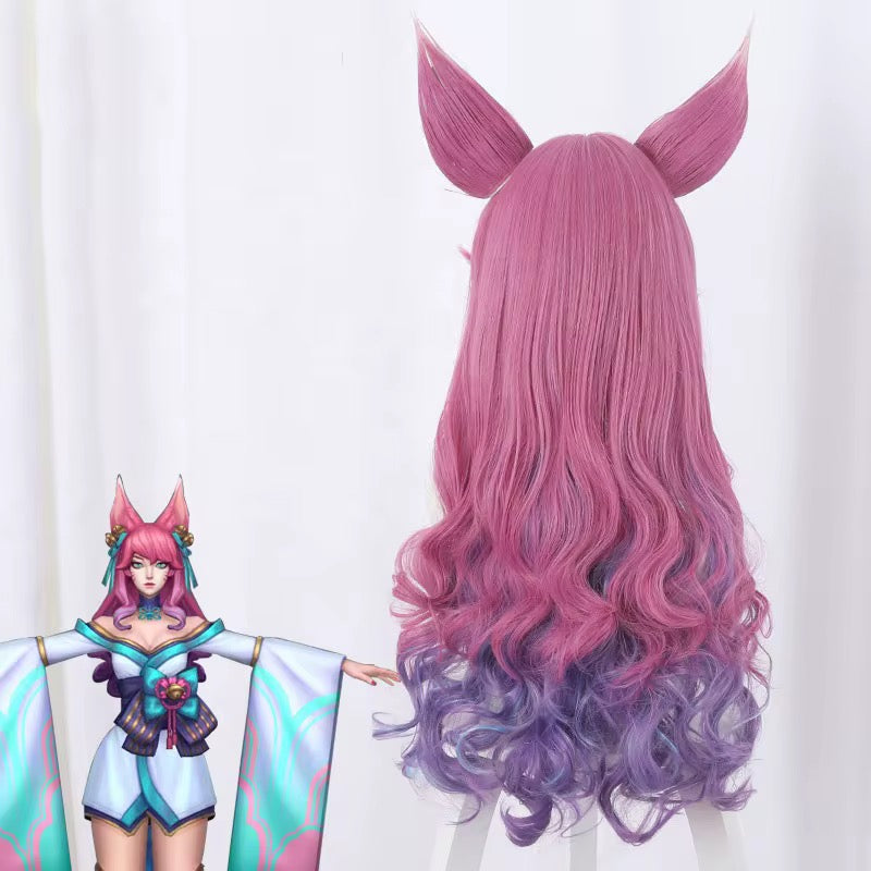 60cm Long Wave LOL Wig League of Legends Spirit Blossm Ahri Wig Synthetic Anime Cosplay Wigs With Ears CS-119M wig cosplay