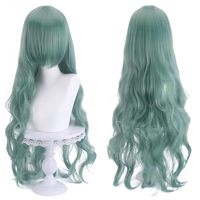 Long Wavy Curly Hair Wig with Bangs 31"/80cm Green Natural Synthetic Heat Resistant Fiber Hair Wig Colorful Halloween Costume Party Cosplay Wigs with Bangs for Women wig