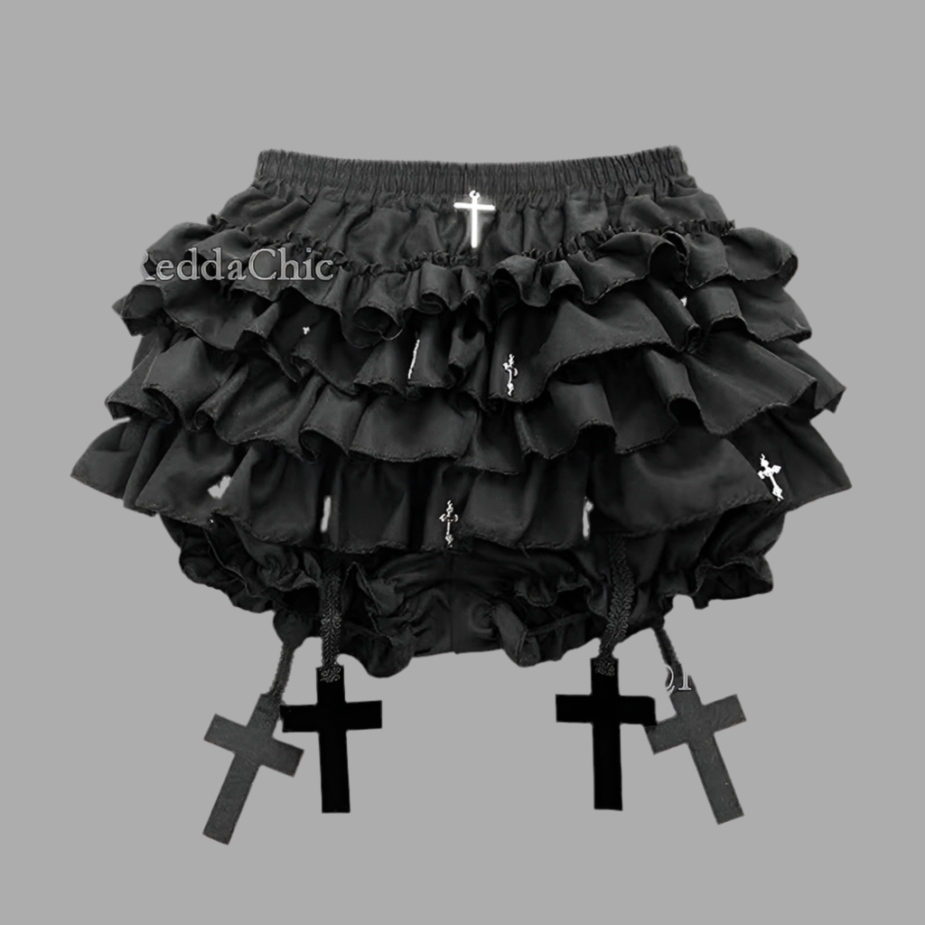 REDDACHiC Alt Goth Cross Decor Black Bloomers Retro Elastic Waist Tiered Ruffle Cake Pumpkin Shorts Panties Lolita Women Bottoms