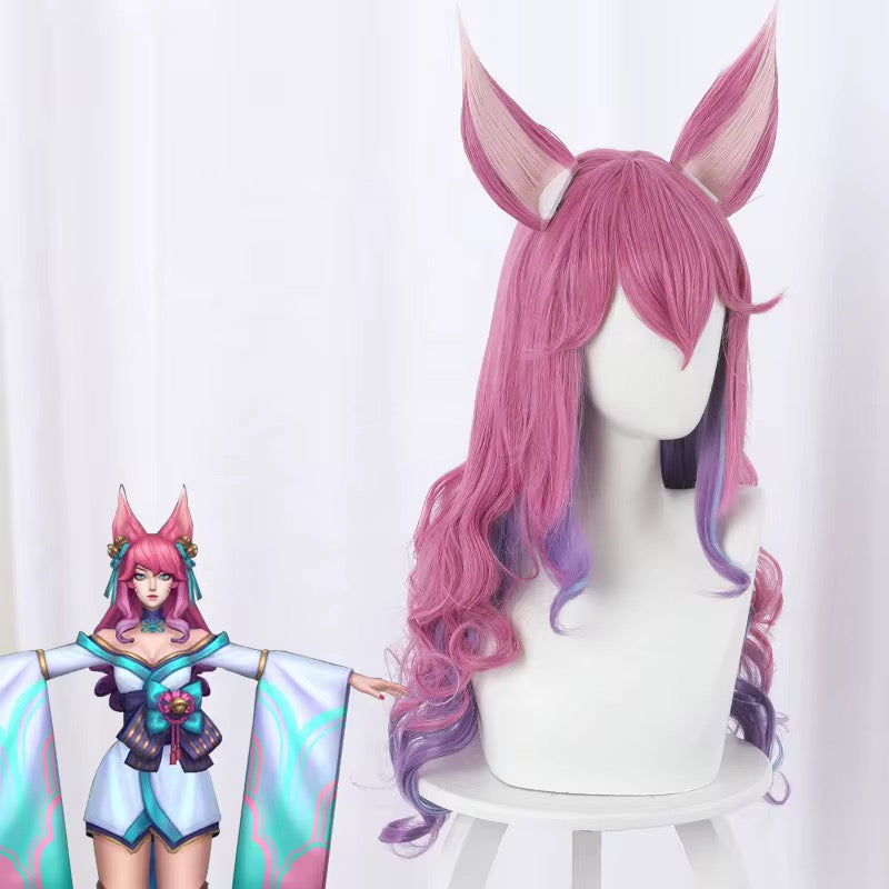 60cm Long Wave LOL Wig League of Legends Spirit Blossm Ahri Wig Synthetic Anime Cosplay Wigs With Ears CS-119M wig cosplay