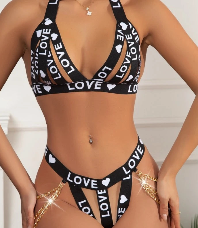 Ashburn 2 Piece Set Letter Printed LOVE Webbing Metal Chain Heavy Three-Point Perspective Motorcycle Halter Neck Underwear Set