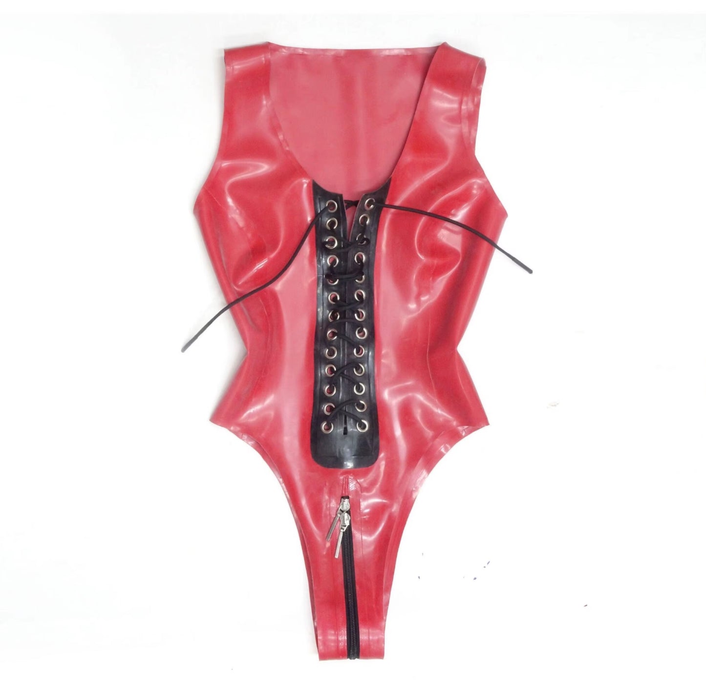 Red laced 100% latex bodysuit with zipper