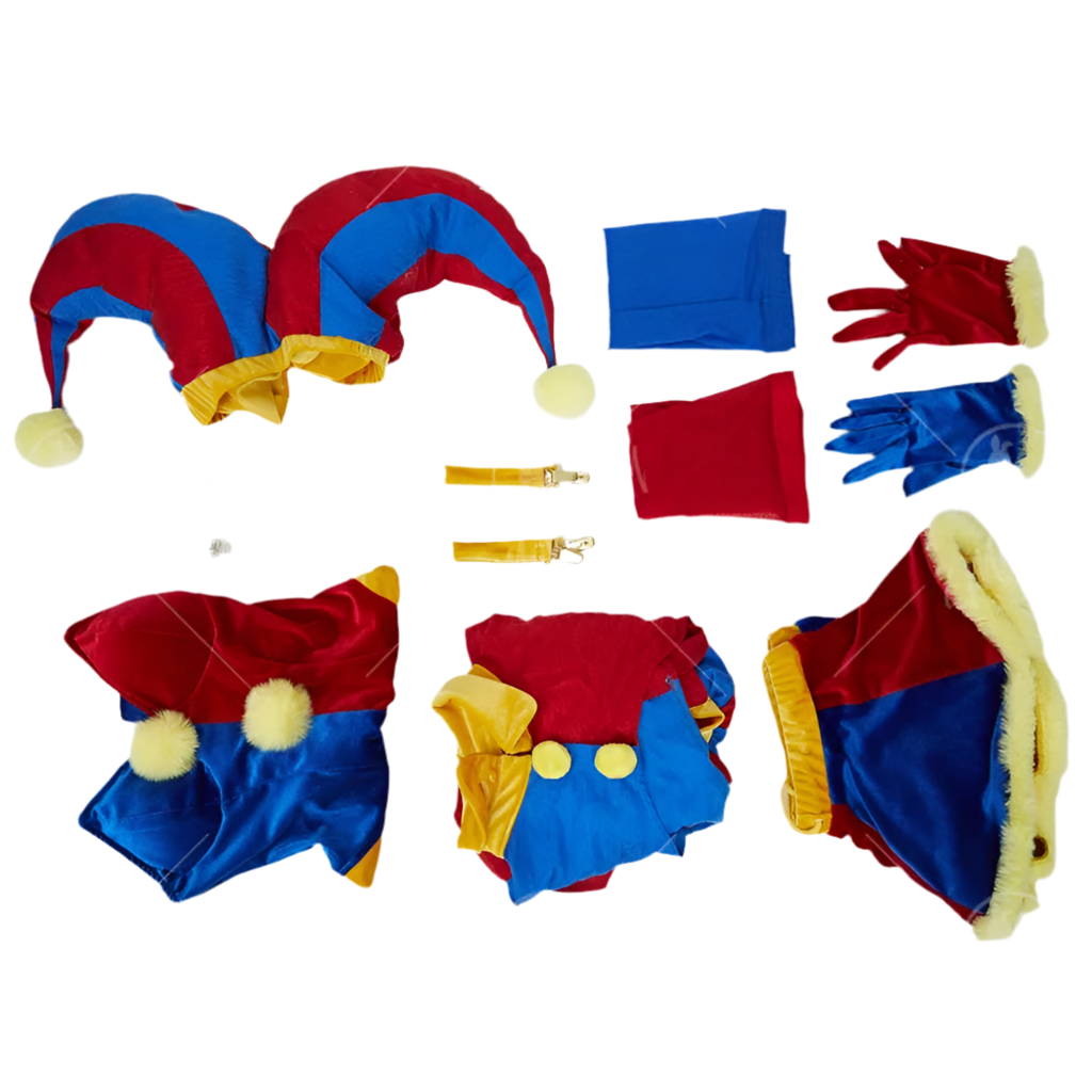 MOBBUNNY Halloween Clown Cosplay Costume Women's Lingerie Set Blue Red Bodysuit and Mini Skirt with Gloves and Hat clown