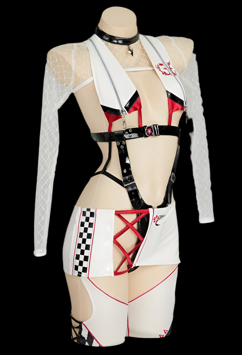 MOBBUNNY X DISHWASHER1910 Racing Baby Owari Cosplay Costume Lingerie Jumpsuit Set Cutout Bodysuit and Skirt with Mesh Top Hat