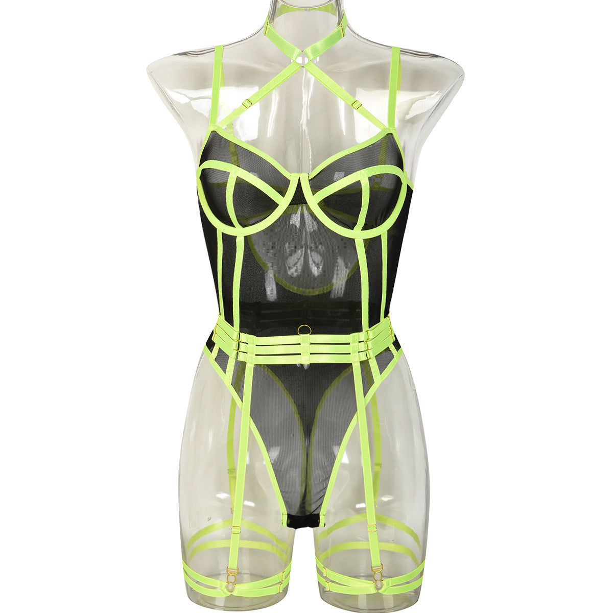 High Elastic Mesh Tight Contrast Color Jumpsuit