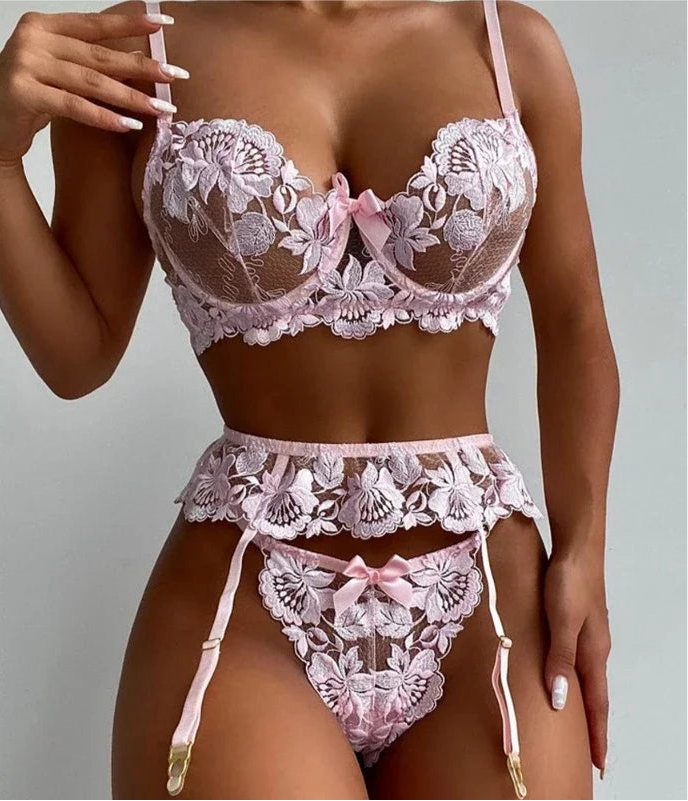 Ashburn 3 Piece Set Sexy Lingerie Embroidery Printing Patchwork Bow Knot Lace Up See- Through Underwear Bra Set For Women New