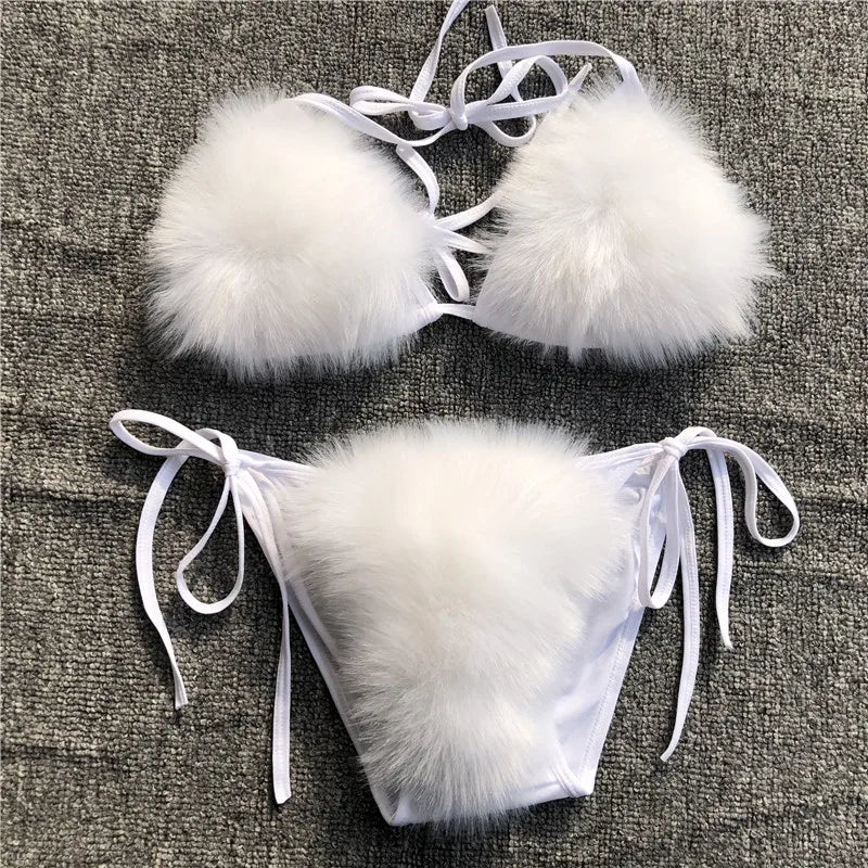 2025 Woman Sexy Bikini Swimsuit 2 piece Set Summer Fur Swimwear Bikini Set Adjustable Bra Cute Girls Beach Bikini Bathing Suits