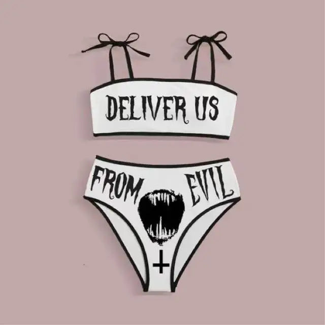 New Black And White Sexy Goth Emo Women Two-piece Skull Print Bikini Suit Split Bathing Suit High Waist Gothic Swimsuit Beach