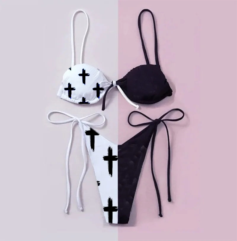 New Black And White Sexy Goth Emo Women Two-piece Skull Print Bikini Suit Split Bathing Suit High Waist Gothic Swimsuit Beach