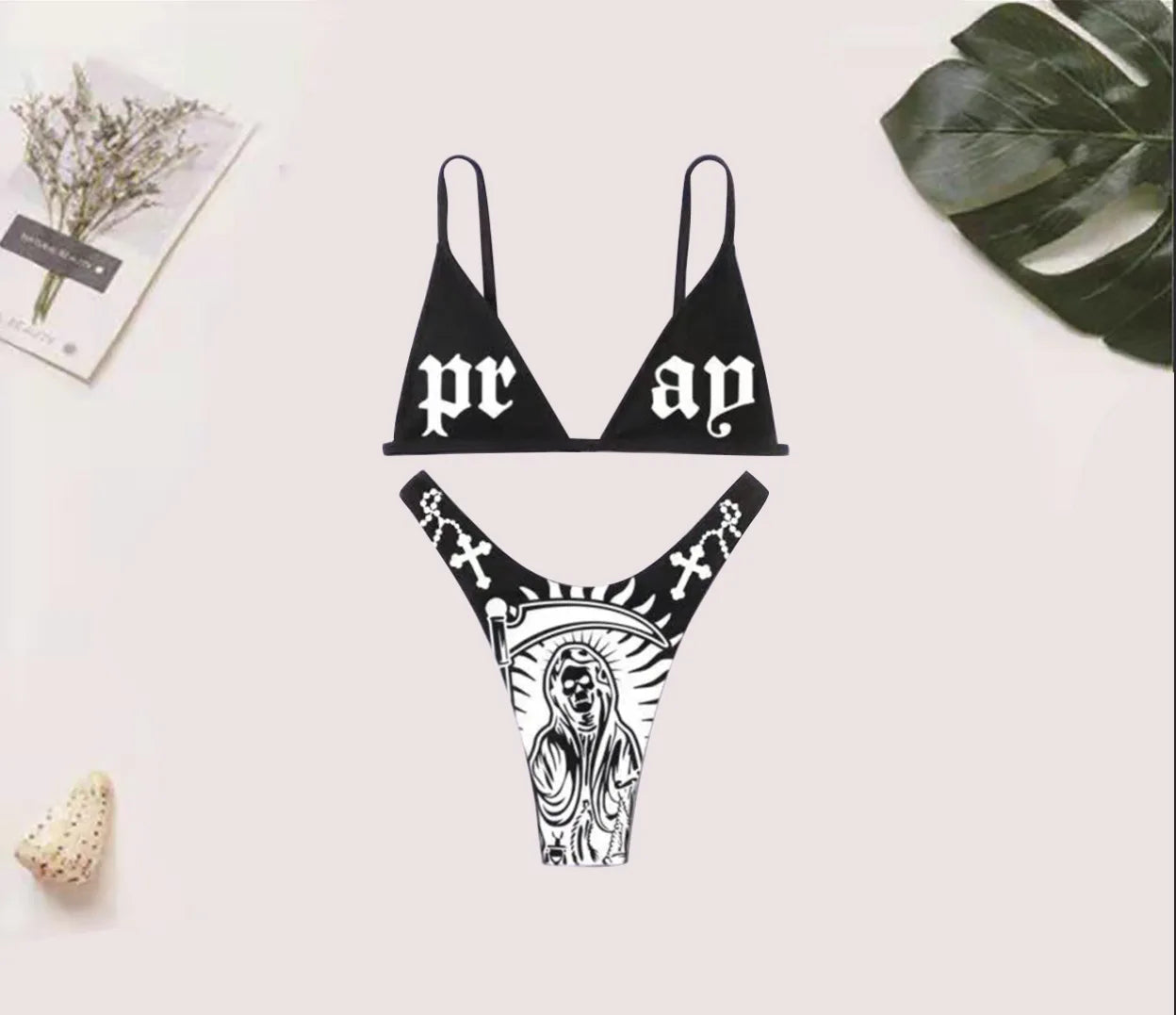 New Black And White Sexy Goth Emo Women Two-piece Skull Print Bikini Suit Split Bathing Suit High Waist Gothic Swimsuit Beach