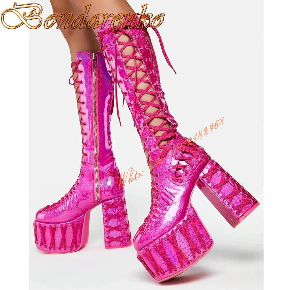 Sweet Pink Platform Summer Boots Round Toe Chunky High Heels Knee High Boot Lace Up Hollow Solid Side Zipper Party Dress Shoes