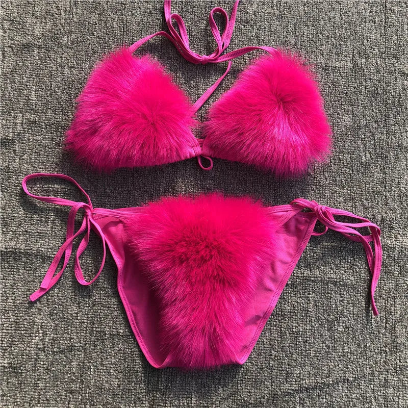2025 Woman Sexy Bikini Swimsuit 2 piece Set Summer Fur Swimwear Bikini Set Adjustable Bra Cute Girls Beach Bikini Bathing Suits