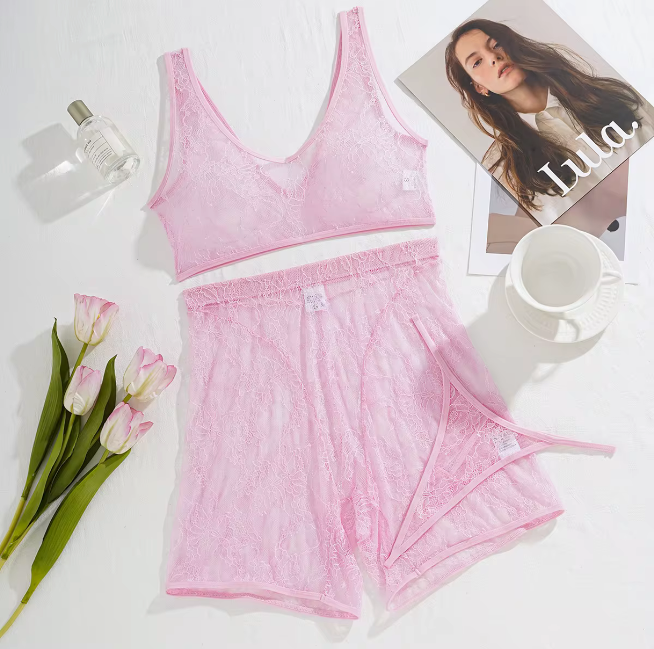 Soft Mesh Pink Lace 3-Piece Set