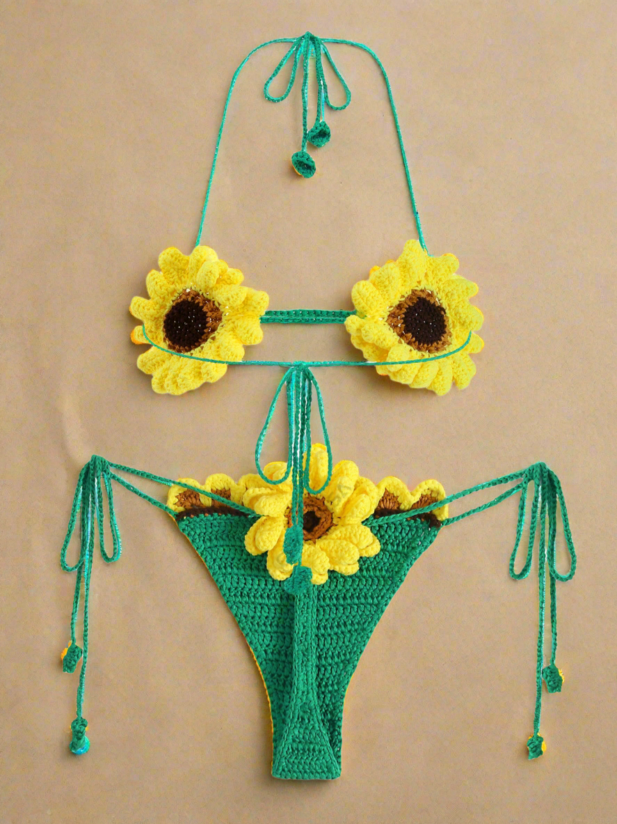 2 Piece Bikini Set 2025 Summer Yellow Sunflower Crochet Swimsuit Suit Set Beach Wear Bikinis Cover-up Women Bathing Suits C2