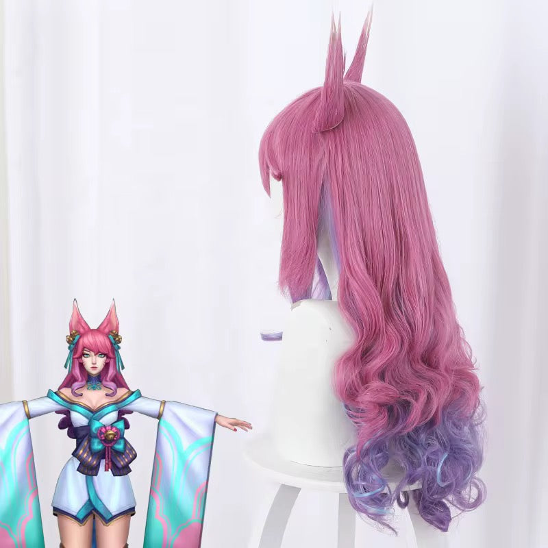60cm Long Wave LOL Wig League of Legends Spirit Blossm Ahri Wig Synthetic Anime Cosplay Wigs With Ears CS-119M wig cosplay