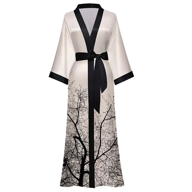 2025 Summer Satin Print Women's Plus Size Light Luxury Three-Quarter Sleeves Cool-Feeling Long Robe Pajamas Women's Loungewear
