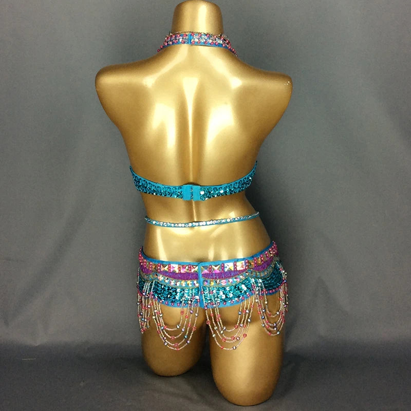 Wired hand beaded Bra +Belt 2pcs