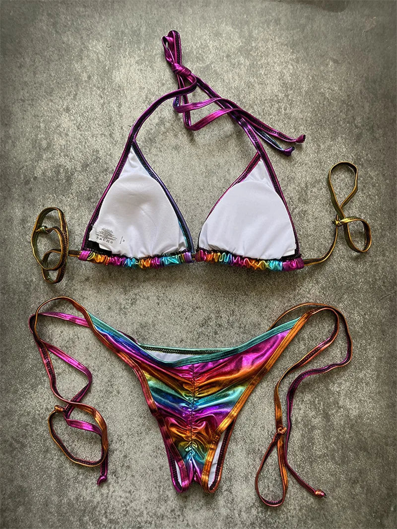 Melphieer 2024 Fashion Gold Shiny Beach Bikini Scrunch Butt Bather Bikinis Woman Swimwear Bathing Suit Beachwear S~XL E1248