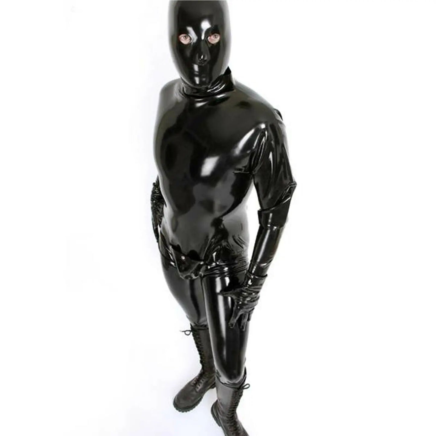 100%Latex Rubber Jumpsuit Catsuit schwarz Gloves Socks Tight Zipper 0.4mm S-XXL