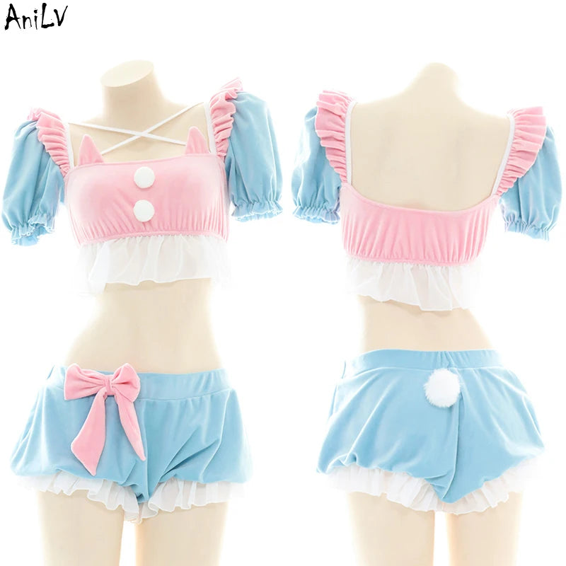 AniLV Anime Lolita Girl Maid Series Pajamas Swimsuit Costume Women Cartoon Cute Kawaii Student Pink Blue Lingerie Set Cosplay