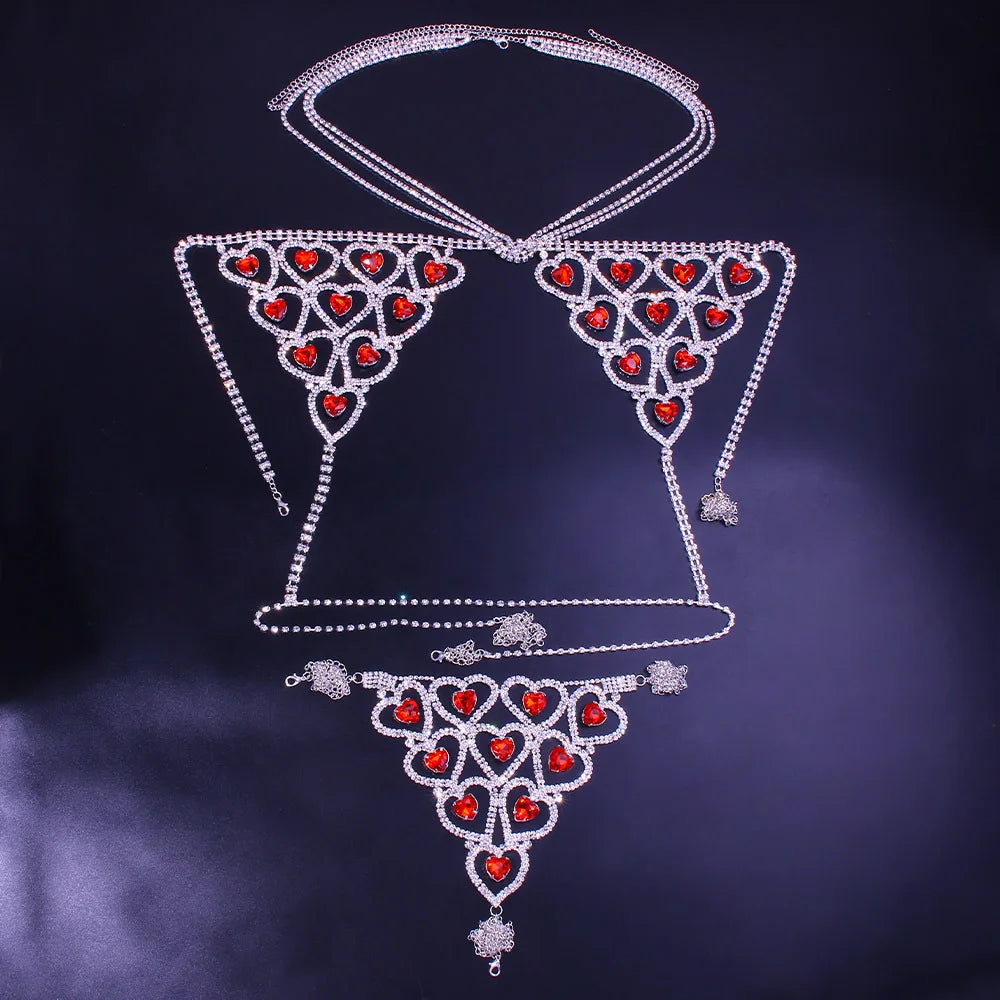 BC21766 Drop Shipping Bra Thong Set Top Bra Bikinis Panties Women Red Crystal Bling Belly Body Chain Jewelry Underwear