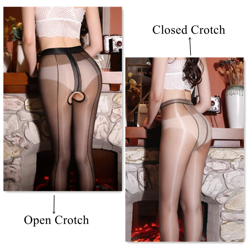 Aurora Series Open Crotch Oil Shiny Tights With Back Line Women Sexy Ultra Thin Transparent Stockings Glossy Nylon Pantyhose