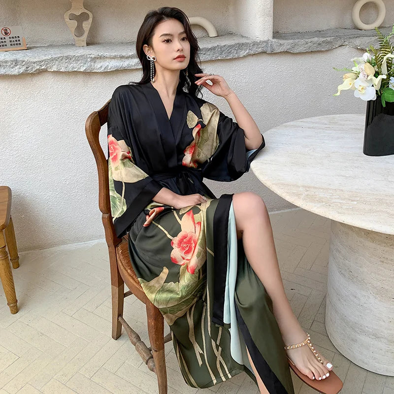 2025 Summer Satin Print Women's Plus Size Light Luxury Three-Quarter Sleeves Cool-Feeling Long Robe Pajamas Women's Loungewear