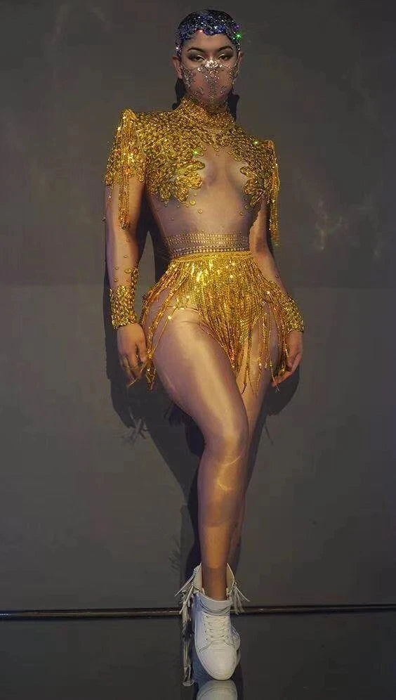 Free Drop Shipping Silver Gold Tassel Long Sleeve High Elasticity Bodysuits Nightclub Party Dance Costumes