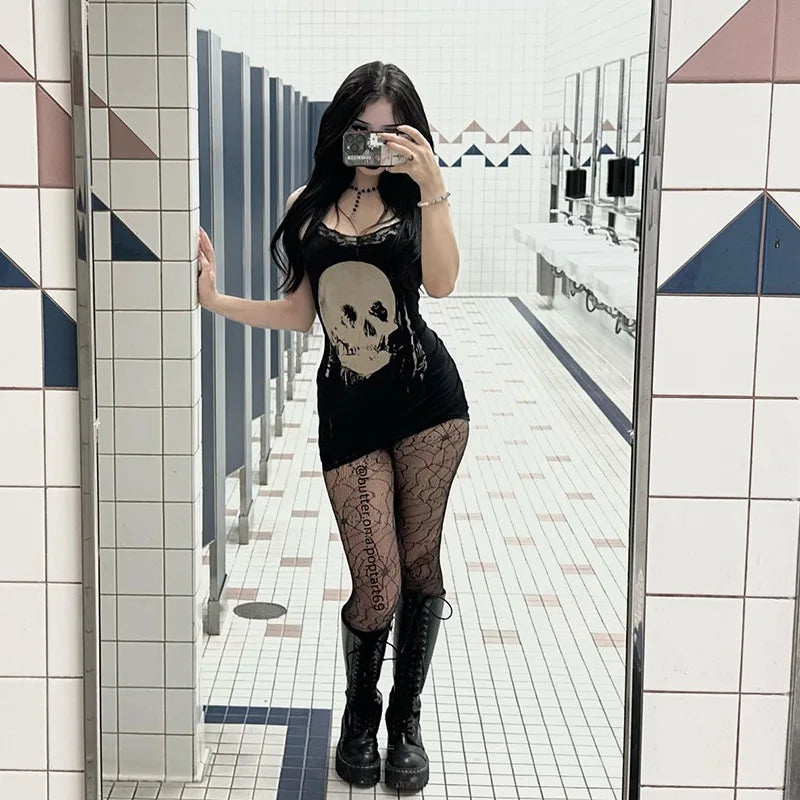 Y2K Women Streetwear Harajuku Skull Printed Sleeveless High Waist Bodycon Dress New Retro Punk Gothic Dress Grunge Outfits