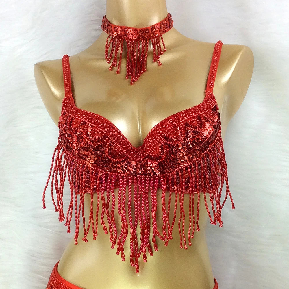 Hot Sale Women Belly Dance Costume 3pcs/set Bra Belt Necklace 4 Colors Ladies Sexy Professional Dance Costumes