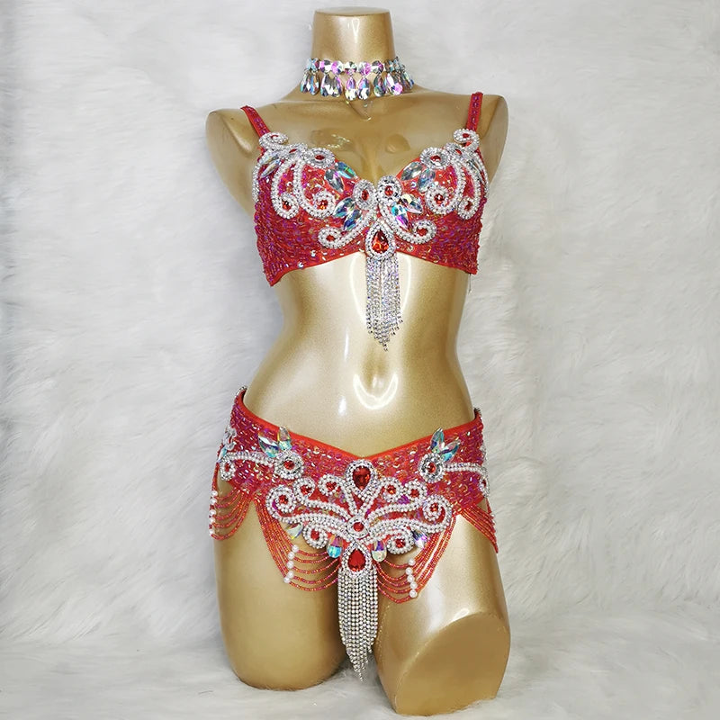 New Arrival Women's Beaded Belly Dance Costumes Wear Bra Belt 2pc Sets Ladies Bellydancing Costumes Carnival Bellydance Clothes