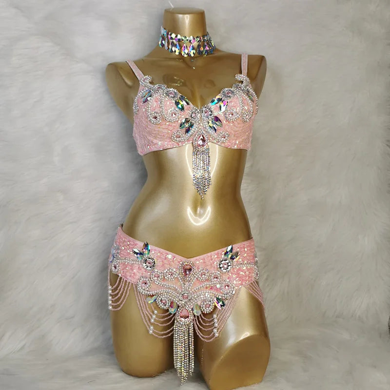 New Arrival Women's Beaded Belly Dance Costumes Wear Bra Belt 2pc Sets Ladies Bellydancing Costumes Carnival Bellydance Clothes
