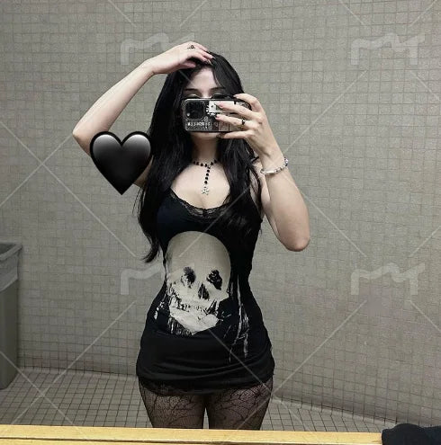 Y2K Women Streetwear Harajuku Skull Printed Sleeveless High Waist Bodycon Dress New Retro Punk Gothic Dress Grunge Outfits