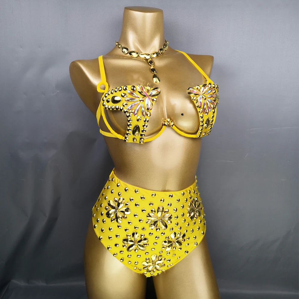 New Shining Fashion Belly Dance Costume Women Sexy Samba Carnival Set Golden Wire Bra&Pants Samba Suit Performance Wear