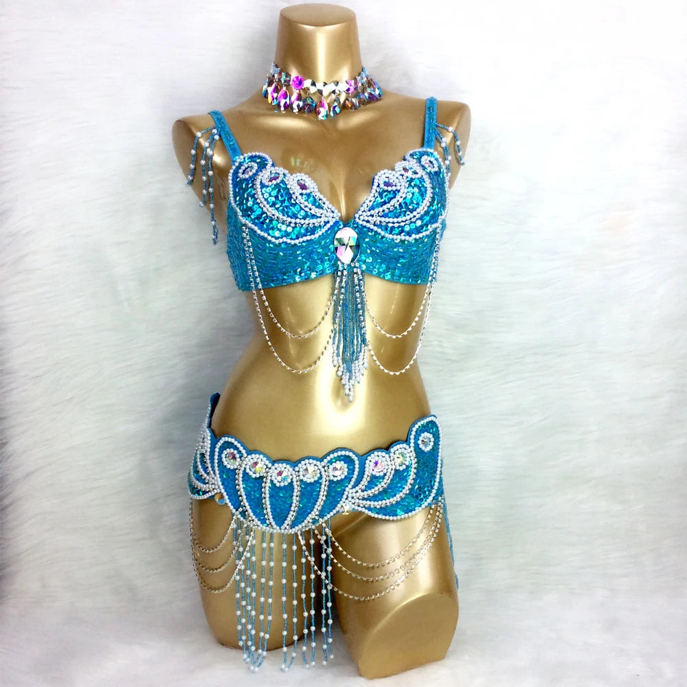 New Arrival Women's Beaded Belly Dance Costume Wear Bra+Belt Set Sexy Ladies Bellydancing Carnival Costumes Bellydance Clothes