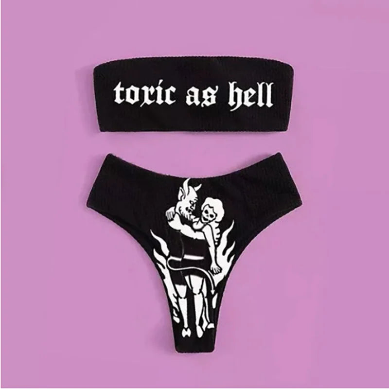 Punk Gothic Letters Print Bikinis Set Sexy Bikini