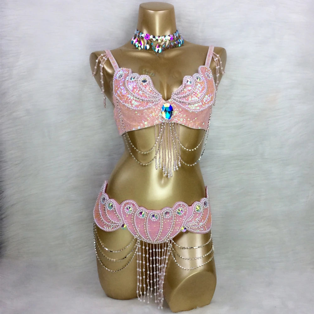 New Arrival Women's Beaded Belly Dance Costume Wear Bra+Belt Set Sexy Ladies Bellydancing Carnival Costumes Bellydance Clothes