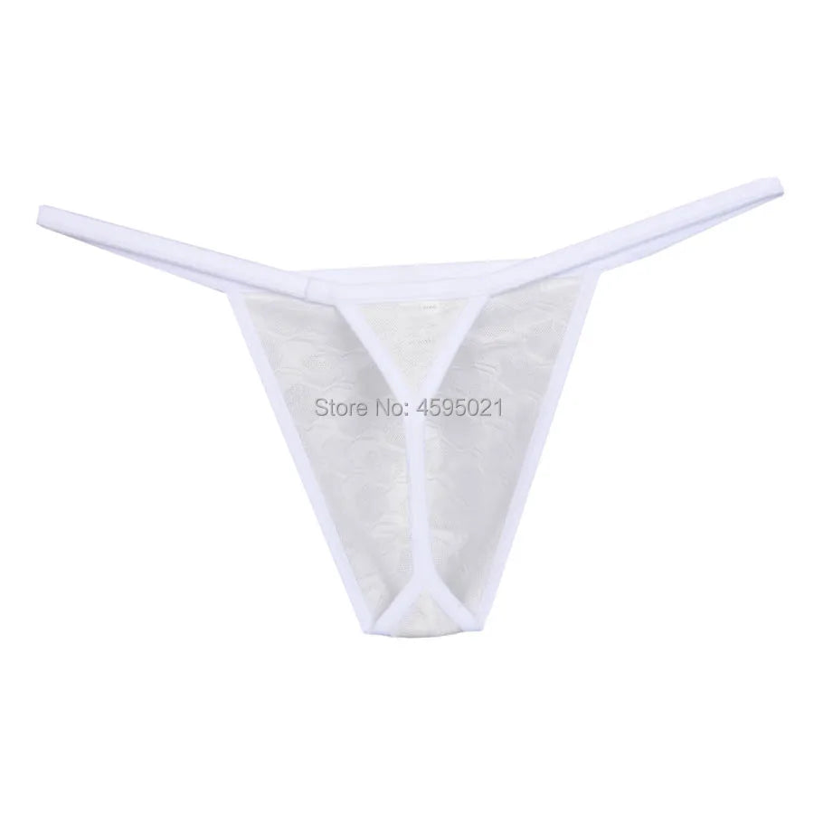 Men's Sheer Lace Bikini Briefs See-through Thong String Underwear Male G-string Micro Tangas Bulge Pouch Posing Low Rise Beach