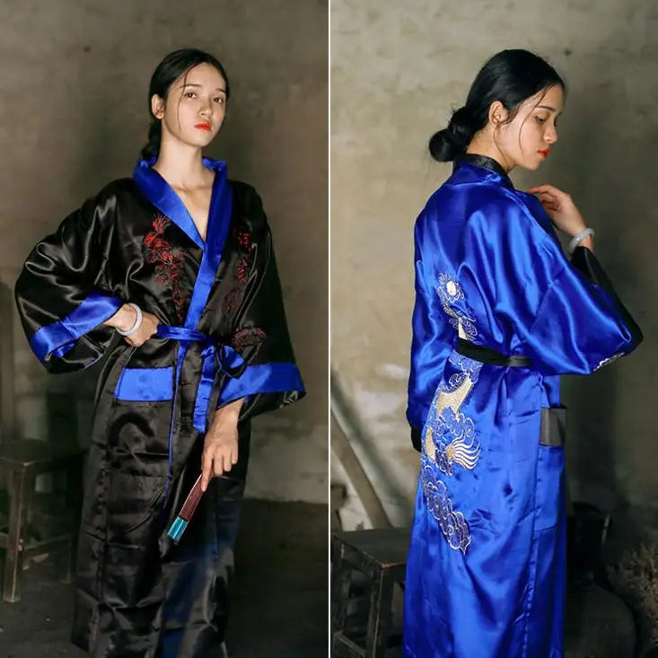 Novelty Reversible Black Red Women Kimono Yukata Satin Embroidery Dragon Nightgown One Size Robe Gown Two Side Sleepwear