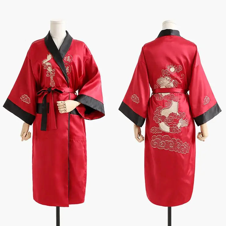 Novelty Reversible Black Red Women Kimono Yukata Satin Embroidery Dragon Nightgown One Size Robe Gown Two Side Sleepwear
