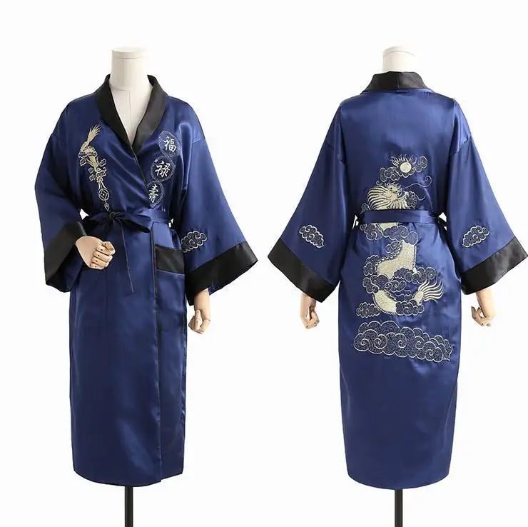 Novelty Reversible Black Red Women Kimono Yukata Satin Embroidery Dragon Nightgown One Size Robe Gown Two Side Sleepwear
