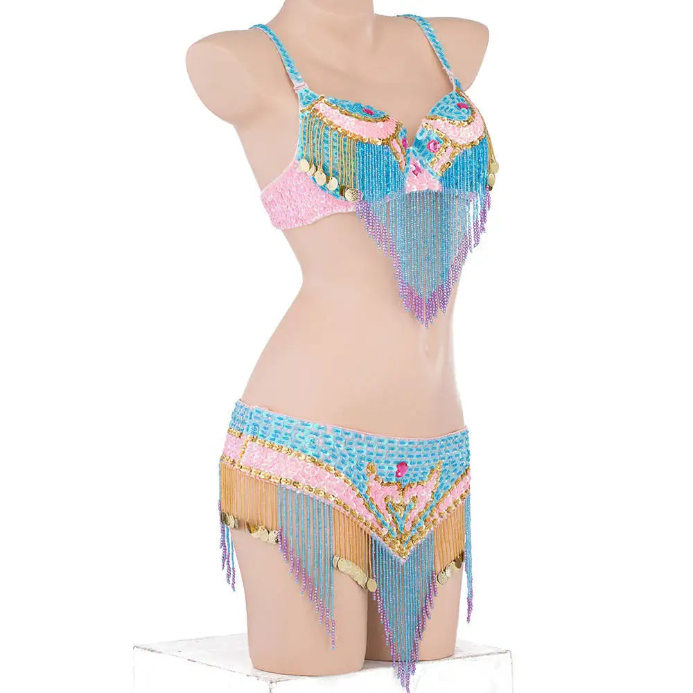 Size S-XL Performance Women Dancewear Professional Outfit Long Oriental Beaded Belly Dance Costume Bra Belt