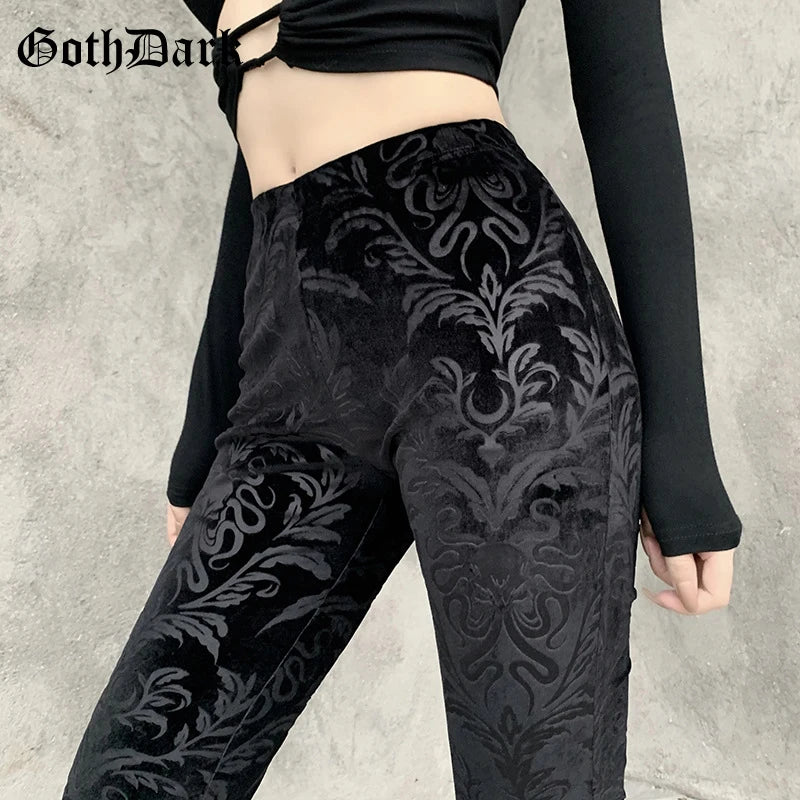Goth Dark Vintage Floral Scratched Mall Gothic Pants Velvet High Waist Skinny Flare Trousers for Women Streetwear Cyber Y2K Pant