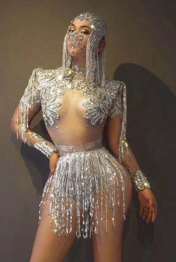 Free Drop Shipping Silver Gold Tassel Long Sleeve High Elasticity Bodysuits Nightclub Party Dance Costumes