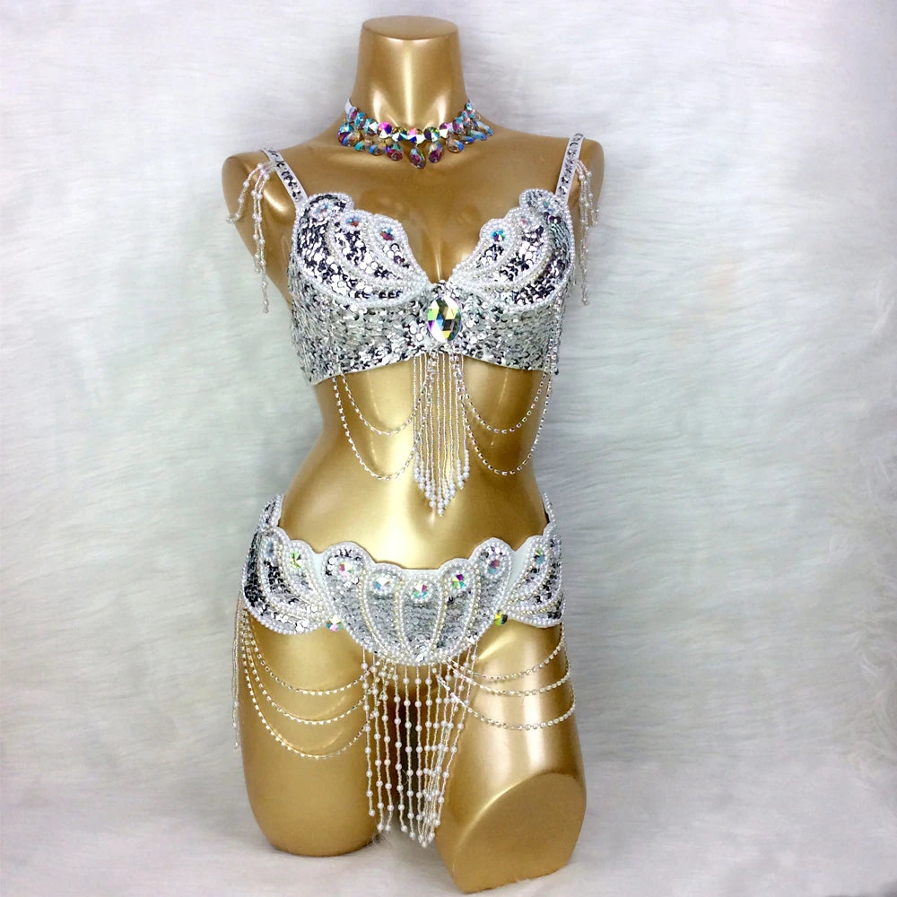 Beaded Showgirl Dance Costume Wear Bra+Belt Set Carnival Costumes