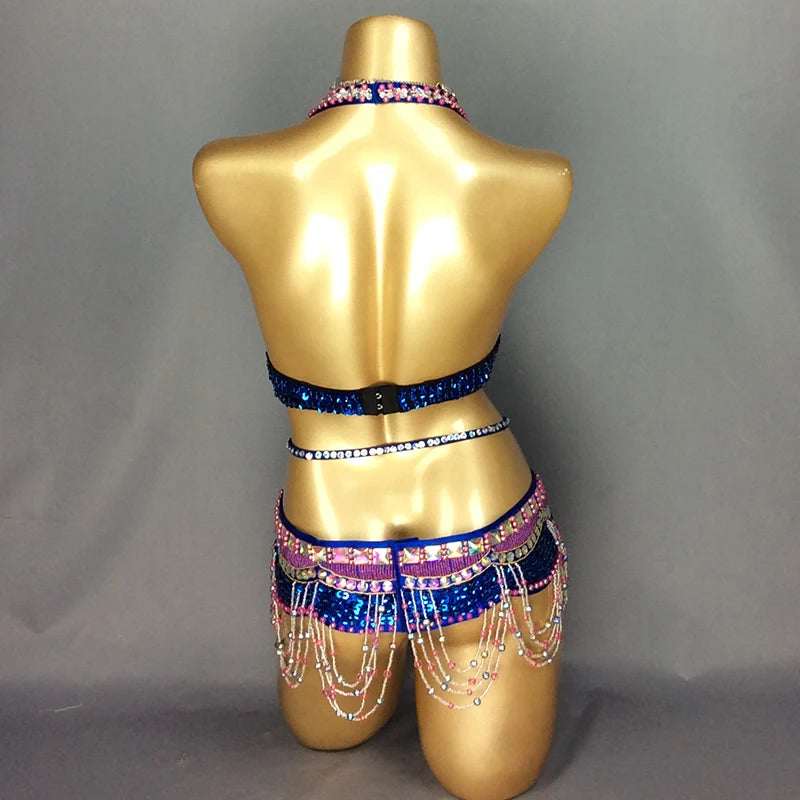 New Women's Beaded Belly Dance Costume Halloween Wear Bar+Belt 2pcs Set Christmas Party Dancing Wear Rave Outfit
